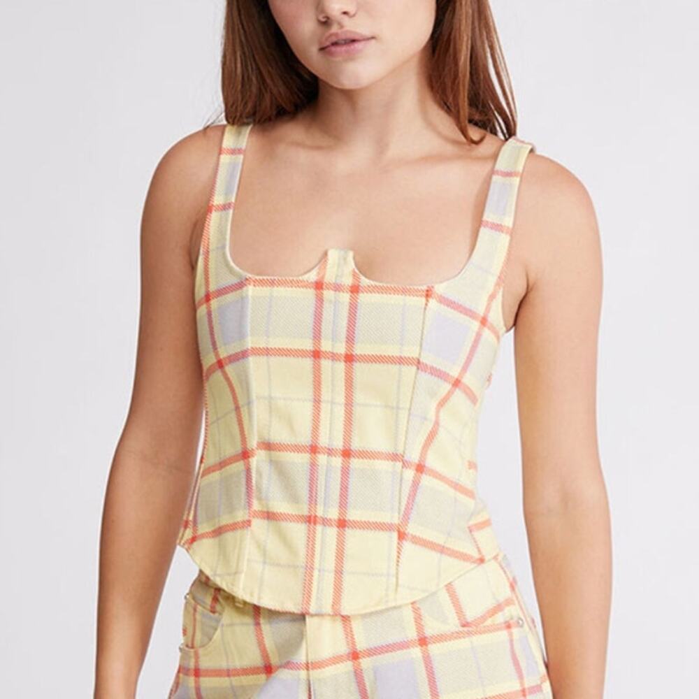Weworewhat Seamed Plaid Corset Cropped Garden Glade Yellow Multi Womens M NWT
